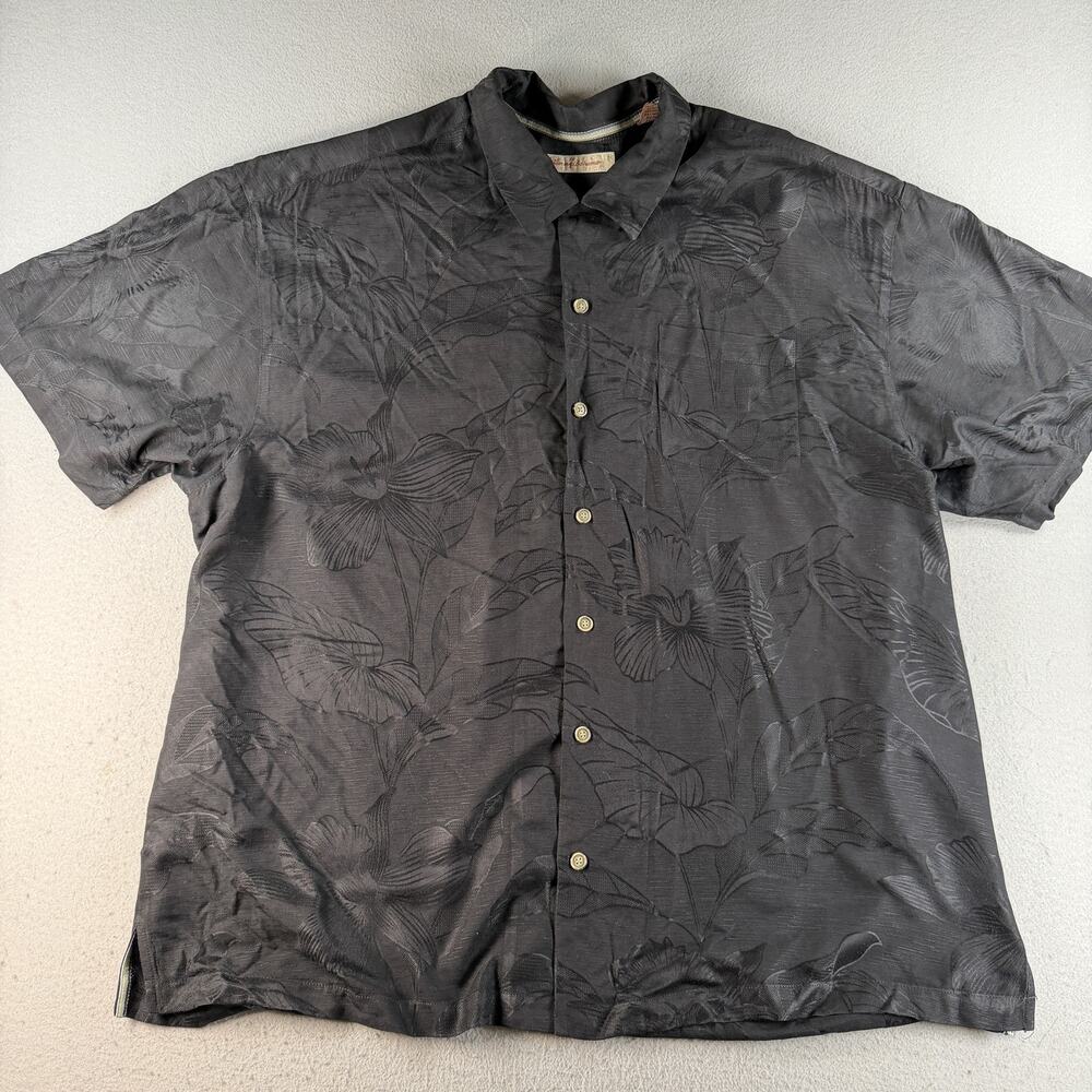 Tommy Bahama Men's XL Black Silk Camp Shirt Six Flights A Day Embroidered
